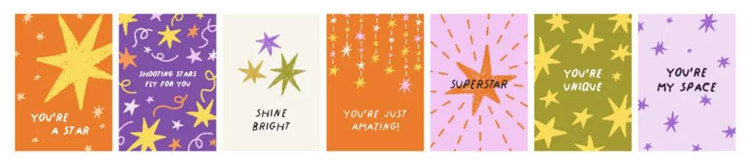 Inspirational cards, posters with phrases, set. Modern postcard designs with stars and cute positive motivational words, greetings, letterings in trendy doodle style. Colored flat vector illustration