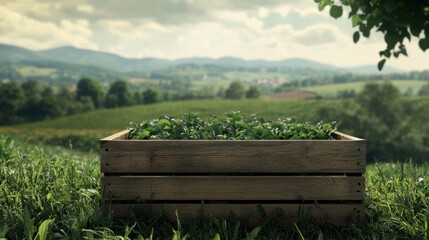 Vegetable box in agricultural landscape. Countryside field. Natural food, fruits and vegetables production, farming and healthy eating concept.