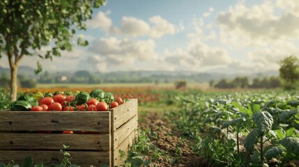 Vegetable box in agricultural landscape. Countryside field. Natural food, fruits and vegetables production, farming and healthy eating concept.