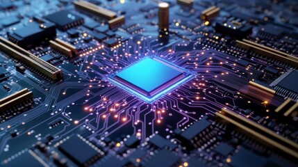 Fototapeta premium A computer micro chip at the center of a high tech circuit board, AI processor, gradient style, motherboard, futuristic technology, advanced computing hardware