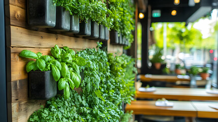 Fototapeta premium Vibrant Herb Garden on Wooden Wall: Restaurant Decor
