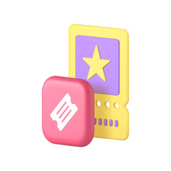 Ticket flyer coupon voucher event festival invitation 3d icon realistic vector illustration. Cinema comedy concert film party pass show museum circus entry tag badge place admit
