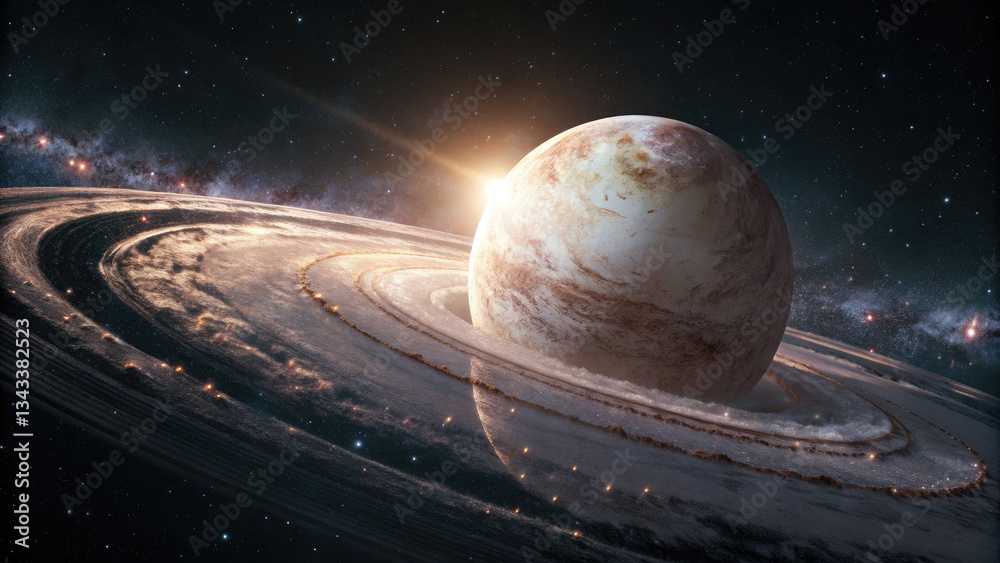 Poster a glowing planetary disk with swirling auroras, floating in a dark cosmic void, radiating soft ether