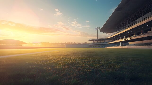 Cricket stadium bathed in warm sunlight, highlighting the lush, green field