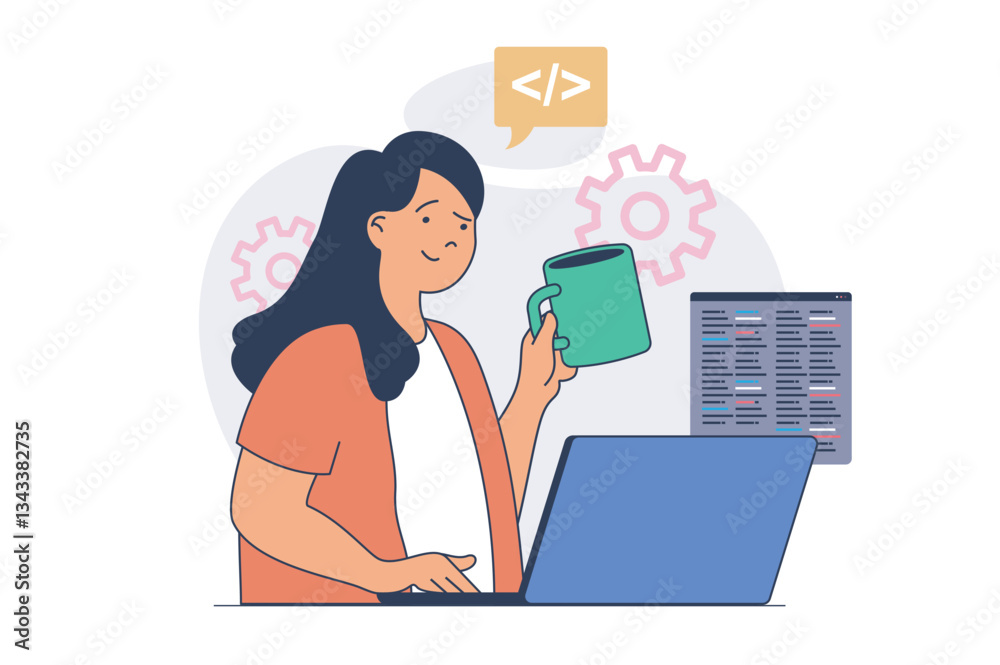 Poster Programmer working concept with cartoon people in flat design for web. Woman doing job tasks at laptop, programming software, engineering and developing programs, coding scripts. Vector illustration.