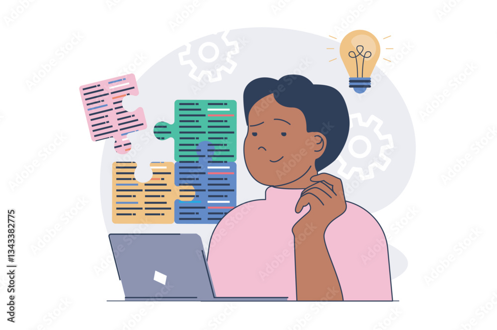 Leinwandbilder Programmer working concept with cartoon people in flat design for web. Man doing job tasks at laptop, programming and engineering programs, finding solutions for optimization. Vector illustration.