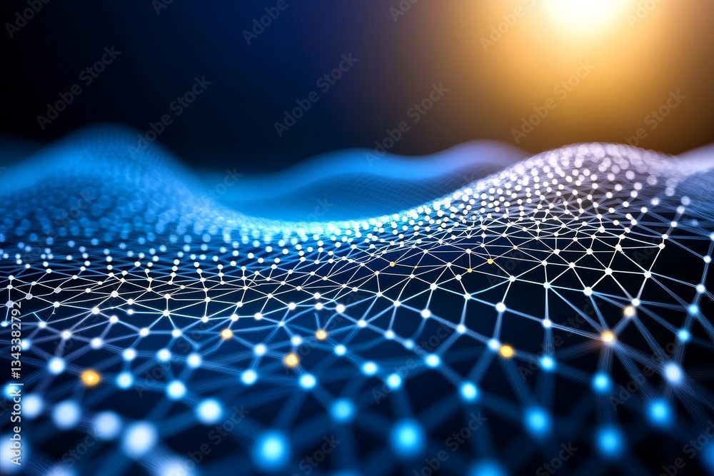 Poster a digital abstract representation showcasing interconnected nodes and waves, symbolizing technology 