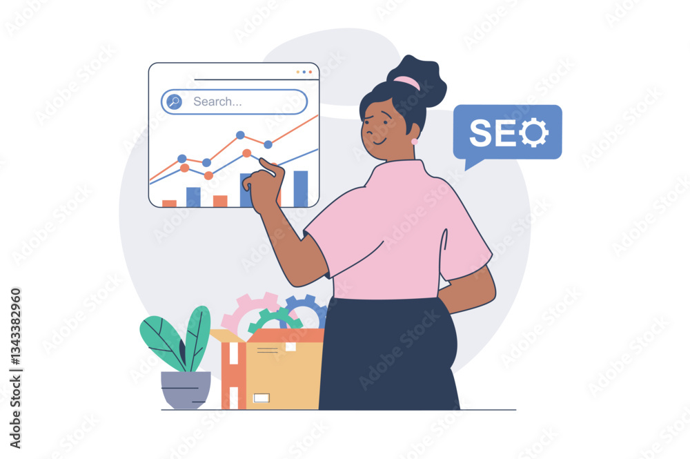 Leinwandbilder seo optimization concept with cartoon people in flat design for web. woman making data analysis of s