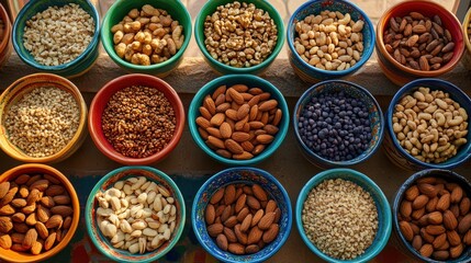 A vibrant array of nuts, ranging from crunchy walnuts to creamy almonds, lay scattered in an array of colorful bowls, a testament to the abundance of nature is bounty.