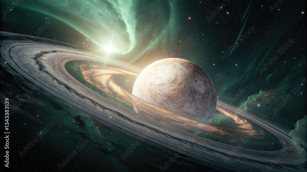 Wall mural a glowing planetary disk with swirling auroras, floating in a dark cosmic void, radiating soft ether
