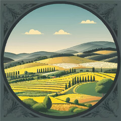 Countryside scenery in Tuscany, Italy. Handmade drawing vector illustration. Vintage style. Engraved old sketch style colorful vector