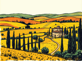 Countryside scenery in Tuscany, Italy. Handmade drawing vector illustration. Vintage style. Engraved old sketch style colorful vector