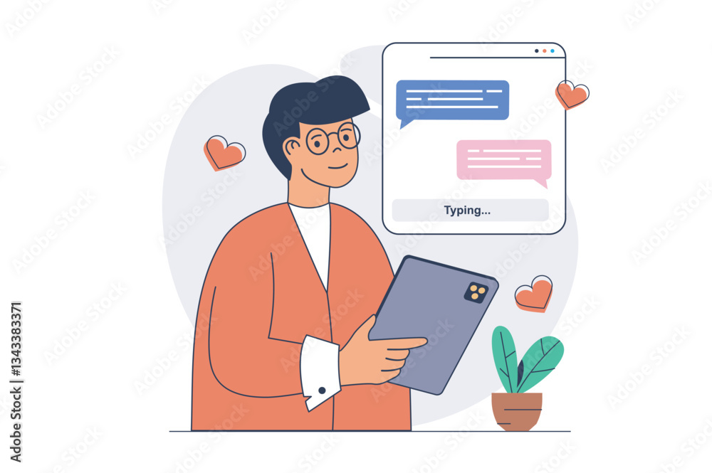 Fototapete social network concept with cartoon people in flat design for web. man using dating app service, sen