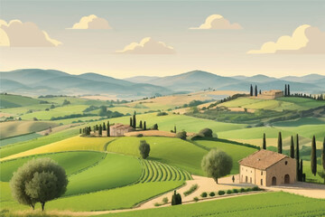 Countryside scenery in Tuscany, Italy. Handmade drawing vector illustration. Vintage style. Engraved old sketch style colorful vector