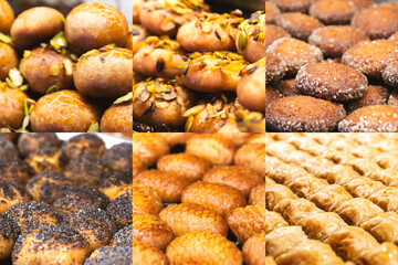 Food collage of Eastern sweets, Turkish cuisine. Composite image.