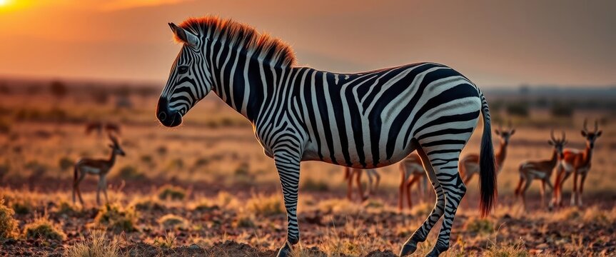 Striped Equine Silhouette at Sunset, Wild Plains Background with Herd of Antelopes
