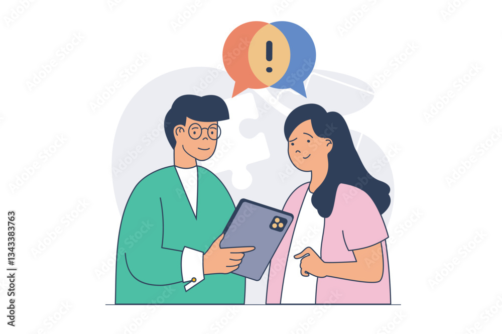 Aufkleber Teamwork concept with cartoon people in flat design for web. Man and woman working at project in partnership, analyzing challenge and brainstorming, discussing tasks and goals. Vector illustration.