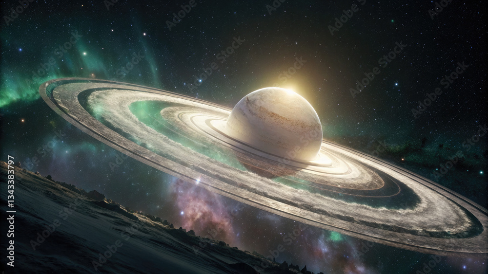 Sticker a glowing planetary disk with swirling auroras, floating in a dark cosmic void, radiating soft ether