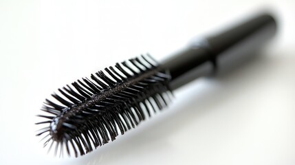Black mascara wand close-up on white background