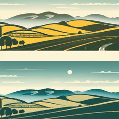 Countryside scenery in Tuscany, Italy. Handmade drawing vector illustration. Vintage style. Engraved old sketch style colorful vector