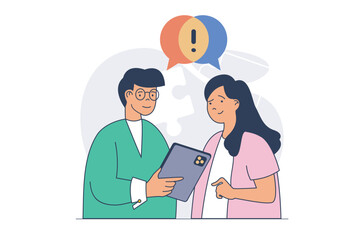 Teamwork concept with cartoon people in flat design for web. Man and woman working at project in partnership, analyzing challenge and brainstorming, discussing tasks and goals. Vector illustration.