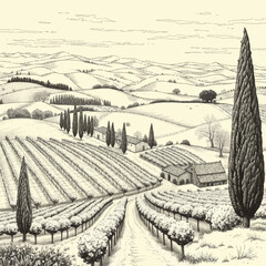 Countryside scenery in Tuscany, Italy. Handmade drawing vector illustration. Vintage style. Engraved old sketch style colorful vector