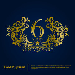 Obraz premium 6th years elegant golden anniversary celebration emblem. anniversary logo isolated with brush-strokes rounded by ornate swirls and flourishes. vector illustration template