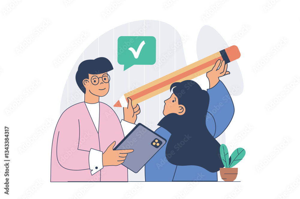 Poster teamwork concept with cartoon people in flat design for web. man and woman brainstorming and finding