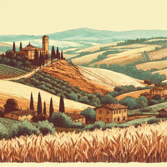 Countryside scenery in Tuscany, Italy. Handmade drawing vector illustration. Vintage style. Engraved old sketch style colorful vector