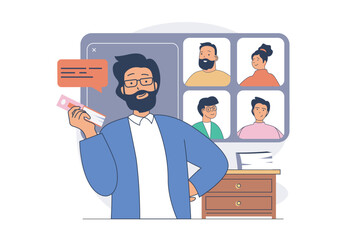 Video conference concept with cartoon people in flat design for web. Man doing virtual presentation for colleagues and connecting by video call and talking at online webinar. Vector illustration.