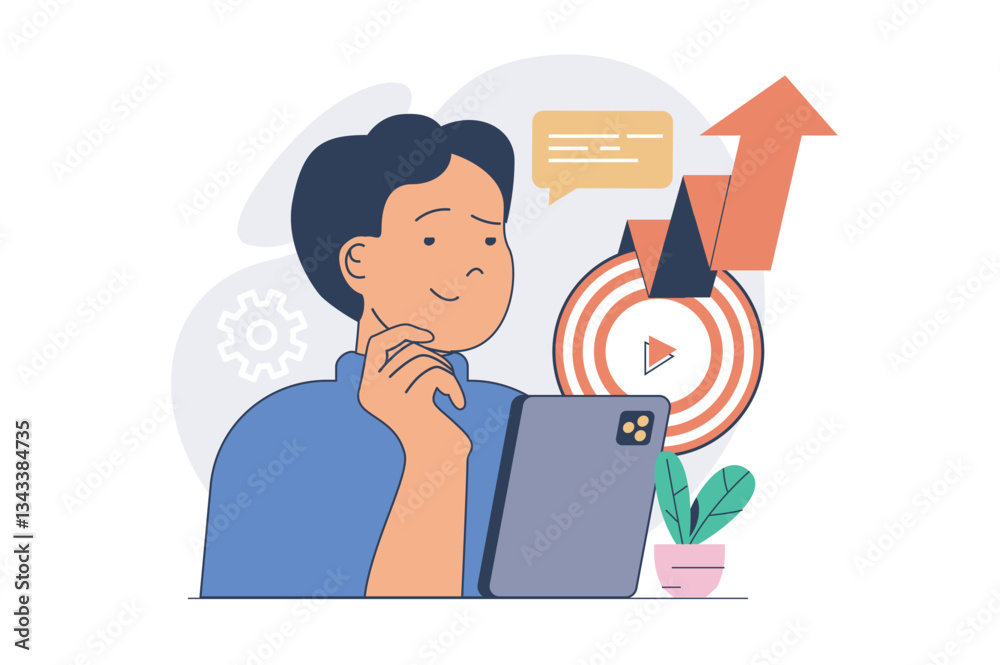 Leinwandbilder video marketing concept with cartoon people in flat design for web. man creating content with produc