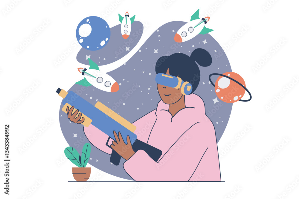 Aufkleber virtual reality concept with cartoon people in flat design for web. woman in vr headset playing in c