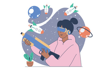Fototapeta premium Virtual reality concept with cartoon people in flat design for web. Woman in VR headset playing in cosmic shooter game with rockets and gun simulation, enjoying cyber gaming. Vector illustration.