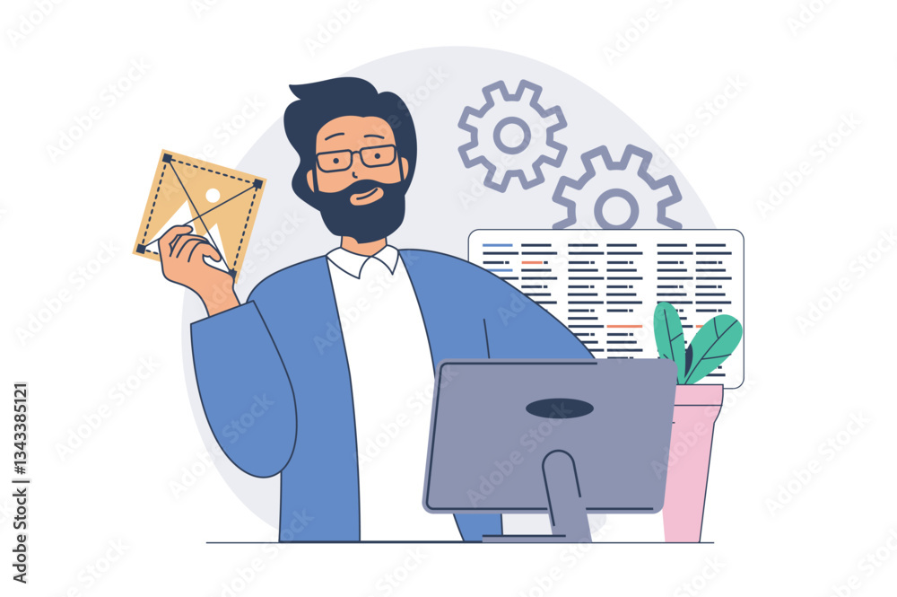 Aufkleber Web development concept with cartoon people in flat design. Man programming applications and coding page interfaces, creating webpage layouts, working with products at computer. Vector illustration.