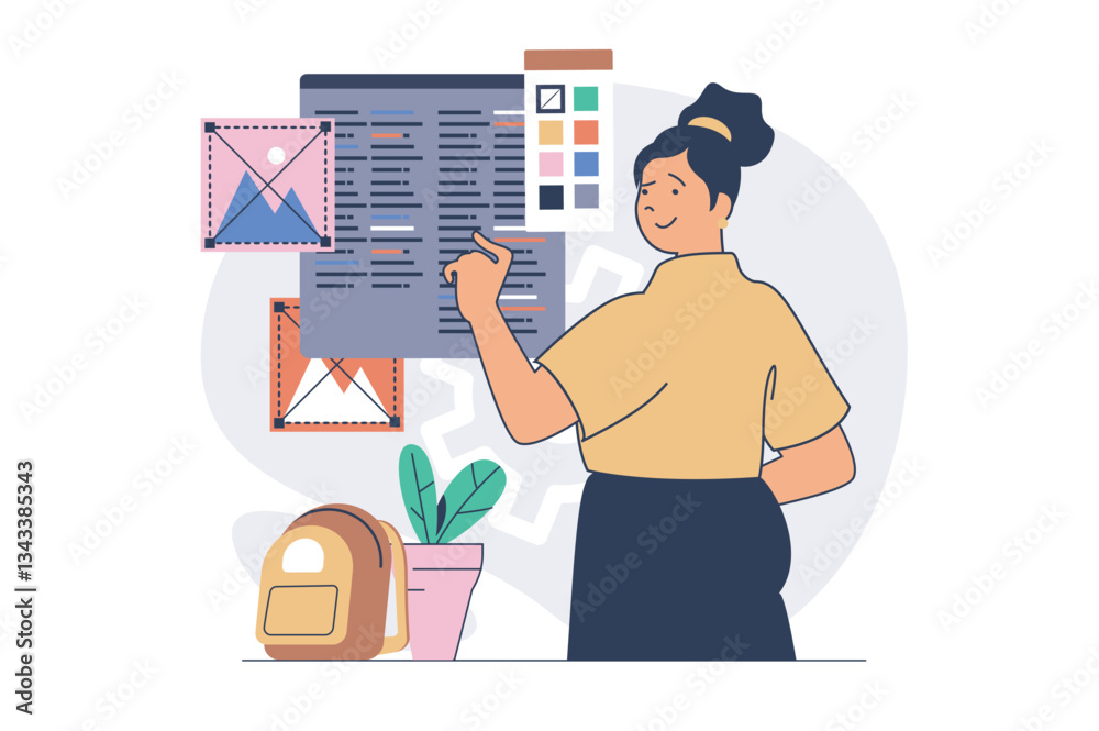 Aufkleber Web development concept with cartoon people in flat design. Woman creating page interfaces, working with webpage layouts, choosing colors and content block placement at screen. Vector illustration.
