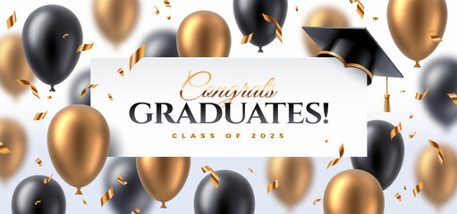 Congrats graduates class of 2025. Greeting card design with graduation cap, balloons and confetti. Graduation party at the school, college or university. Vector illustration.