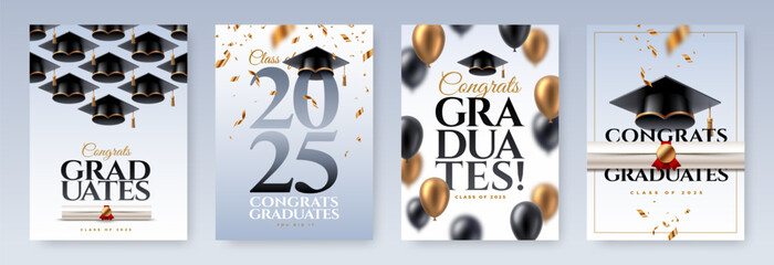 Set of greeting card or poster with graduation caps, diploma scroll, confetti and balloons. Graduation party at the school, college or university. Congrats graduates. Vector illustration.
