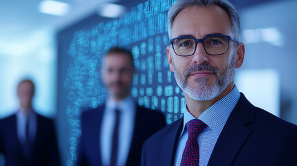 Professional man suit with glasses, confident expression, business environment, merger
