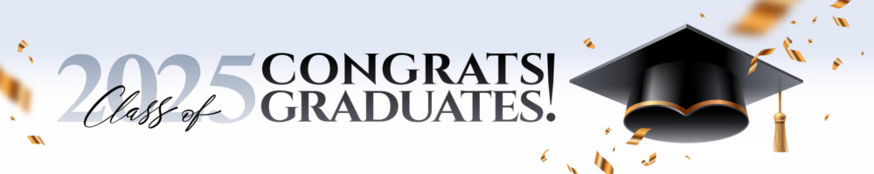 Banner with graduation cap or toga hat and golden foil confetti. Graduation party at the school, college or university. Congrats graduates class of 2025. Horizontal vector illustration.