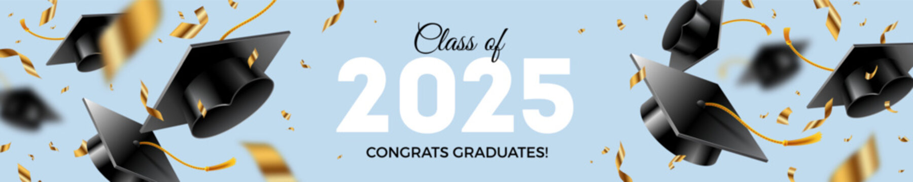 Banner with graduation caps or toga hats tossed up and golden foil confetti. Graduation party at the school, college or university. Congrats graduates. Horizontal vector illustration.