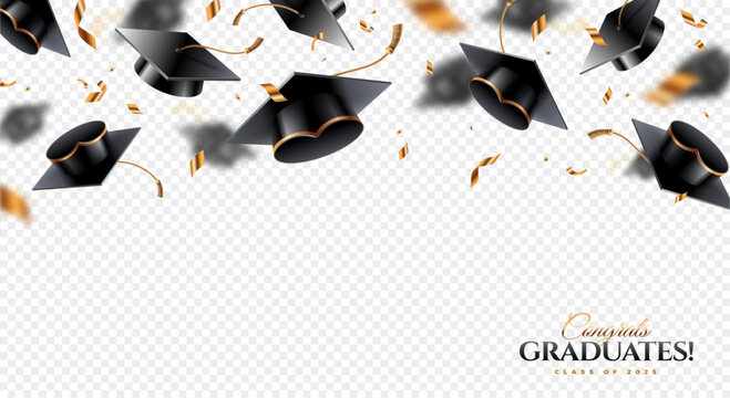 Banner with graduation caps or toga hats tossed up and golden foil confetti on a transparent background. Graduation party at the school, college or university. Horizontal vector illustration.