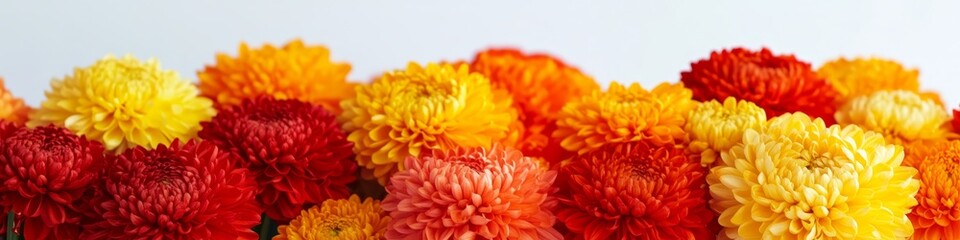 Bright Yellow, Orange And Red Chrysanthemums. Autumn Flowers. Bouquet Chrysanthemums Background