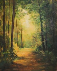 Fototapeta premium Enchanted Forest Path Oil Painting Sunlight Nature Trees Landscape Art