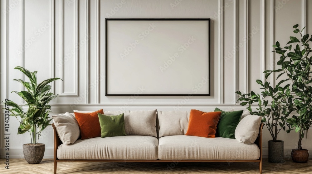 Aufkleber a cozy living room is enhanced by a soft beige couch adorned with colorful cushions. large potted pl