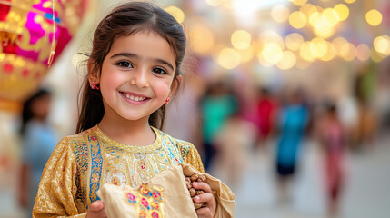 Garangao Festival, close-up of a little girl wearing a gold jalabiya with typical Qatari embroidery, holding a cloth bag filled with nuts and sweets while smiling happily, Ai generated images