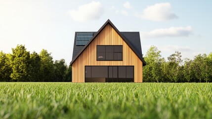 Obraz premium climate tech solutions startup concept. Modern wooden house surrounded by lush greenery and blue sky.