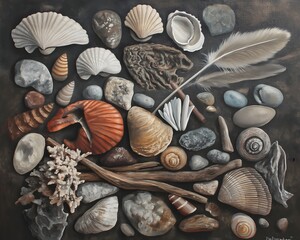 Seashells, Stones and Driftwood Still Life Painting on Dark Background