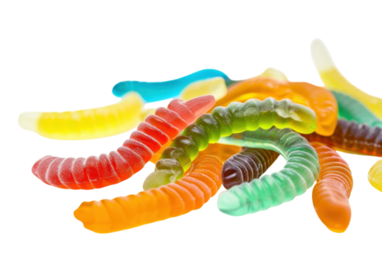 Colorful gummy worms scattered across a white surface invite playful nostalgia and sweet indulgence during a sunny afternoon