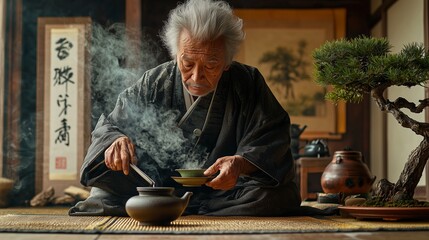 Elderly Japanese Tea Master Performing a Traditional Tea Ceremony