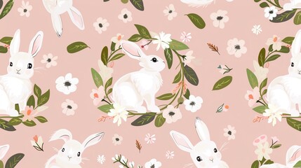 Charming Easter Bunnies in a Flower Wreath: Pink Background
